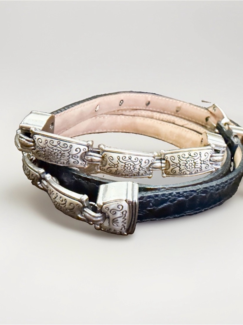Brighton black belt crocodile leather silver links ornate women’s size L Talbots